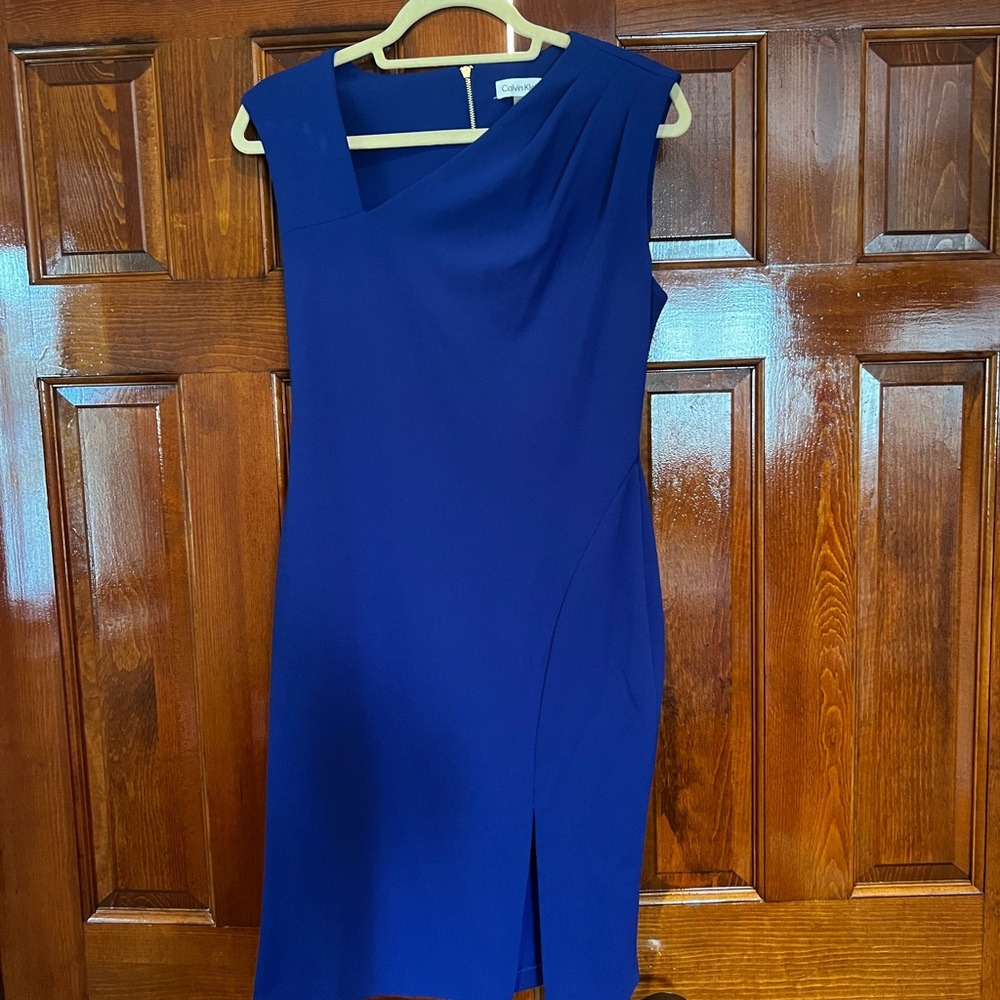 Calvin Klein Blue Asymmetrical Sheath Dress with Slit